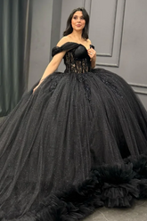 Ball Gown Off Shoulder Sleeveless Pleated Appliques Tiered Sparkly Black Tulle Quinceanera Dress Birthday Party Dress For Sweet 16